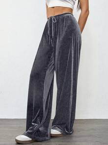 SHEIN EZwear 女士复古休闲宽松丝绒阔腿裤，灰蓝色，秋冬款 - 灰色 - 查看 4