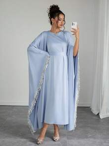 SHEIN Raffinéa Women's Winter Party Elegant Luxury Design Sequin Tassel Splice Long Sleeve Robe Jacket And Minimalist Round Neck Sleeveless Cinched Waist Waist Long Dress 2-Piece Set - Baby Blue - View 8
