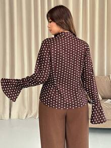 Vionelle Plus Size Women's Elegant Brown Polka Dot Print Long Sleeve Shirt Collar Outerwear Top,Retro College Style Office Autumn Modest Fashion - Multicolor - View 2