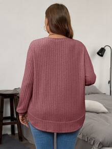 EMERY ROSE Plus Size Solid Color Ribbed Knit Top,Autumn Winter Long Sleeve T-Shirt For Women,Casual Sweater,Dusty Pink,Smart Casual,Everyday - Dusty Pink - View 2