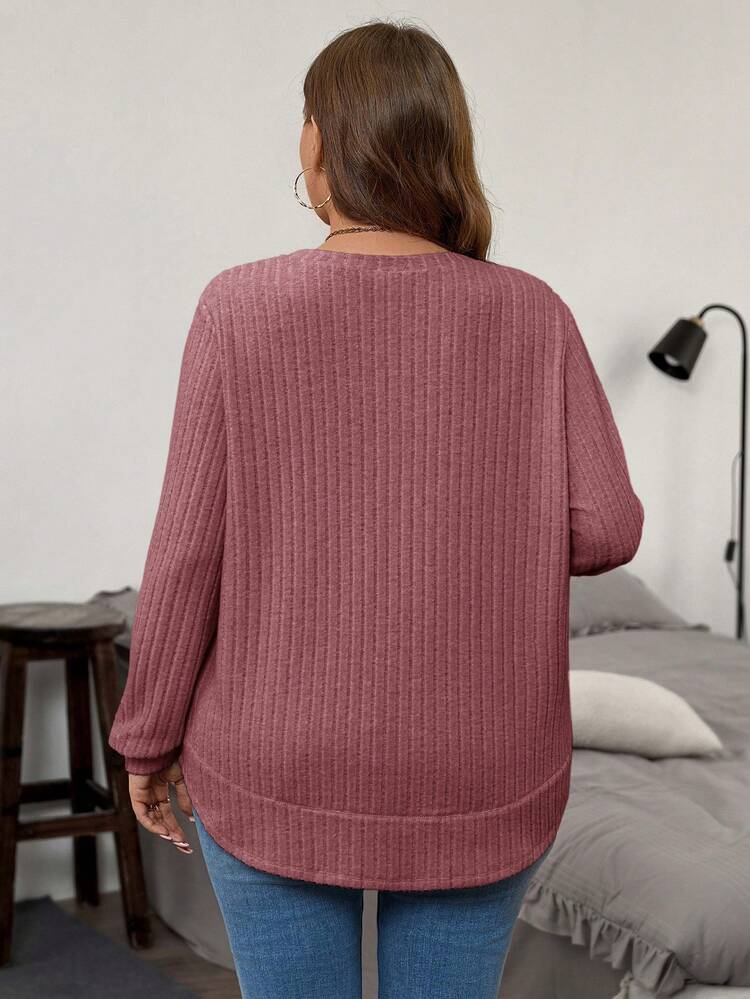Plus Size Solid Color Casual Long Sleeve T-Shirt, Autumn/Winter Plus Size Ribbed Knit Top Plus Tops For Women Plus Size Long Sleeve Top Plus Size Casual Tops Plus Size Sweater Plus Size Solid Color Ribbed Knit T Shirt