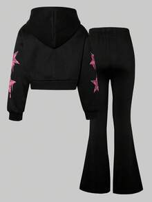 SHEIN ChillGRL 2pcs/Set Tween Girl Casual Zip-Up Hoodie With Star Print And Pants Set - Black - View 2