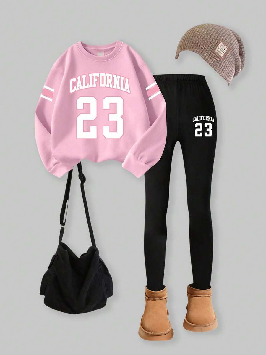 SHEIN Explorewe 少女运动服套装，秋冬新款，白色数码印花运动衫，配黑色蝴蝶结，黑色紧身裤，舒适合身 - 粉色 - 查看 1