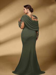 Serin 大码优雅浪漫奢华弹力针织撞色网纱不对称荷叶边修身鱼尾连衣裙，适合晚宴、约会、舞会、度假、婚礼、新娘礼服、母亲礼服、情人节等场合。 - 軍綠色 - 查看 3