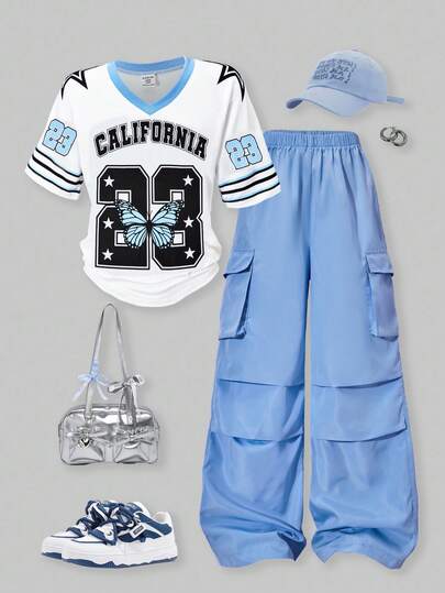 SHEIN ChillGRL 2pcs Tween Girls American Style Raglan Sleeve Graphic Tee & Applique Pocket Cargo Pants Set Girl Y2k Outfit