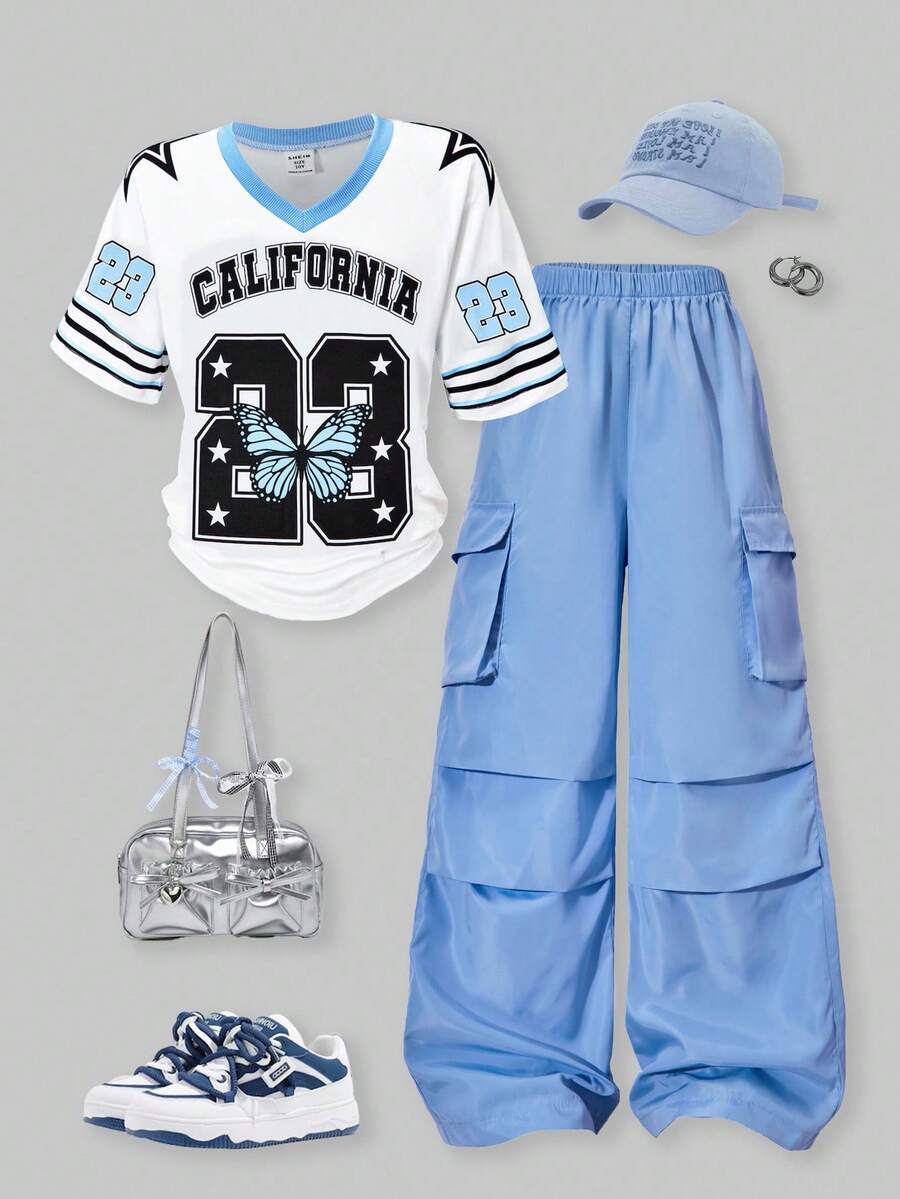 SHEIN ChillGRL 2pcs Tween Girls American Style Raglan Sleeve Graphic Tee & Applique Pocket Cargo Pants Set Girl Y2k Outfit