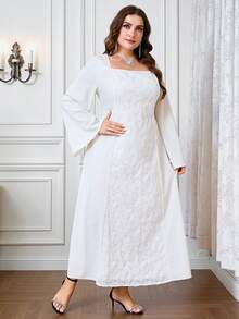 Modelyn Plus Size Women Elegant Jacquard Square Neck Flare Sleeve Dress - Apricot - View 4