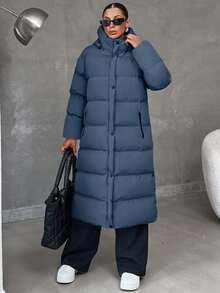 EURMUSE Zip Up Hooded Long Plus Size Winter Coat - Grey - View 5