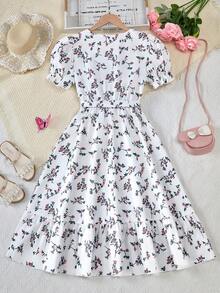 Teenage Vacation Beach Countryside Tropical Summer Leaf & Ditsy Floral Square Neck Puff Sleeve Belted Waist Dress - White - View 2