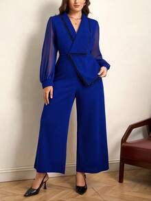 Chikora Plus Size Contrast Color Trim Long Sleeve Jumpsuit - Blue - View 5