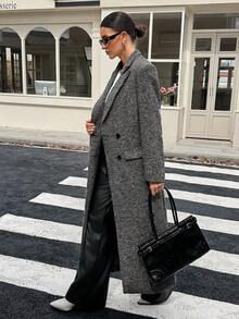 SHEIN Tall Women's Herringbone Pattern Lapel Collar Long Sleeve Long Overcoat, Autumn/Winter,Fall - Grey - View 8