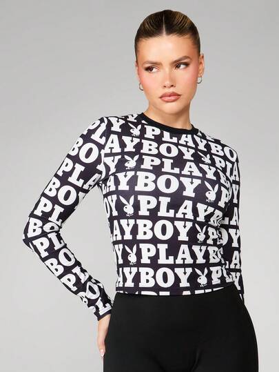 Missguided x Playboy Women Long Sleeve Crew Neck Pullover Top With Allover Logo Print Fitted Casual Lounge Top Fall Winter