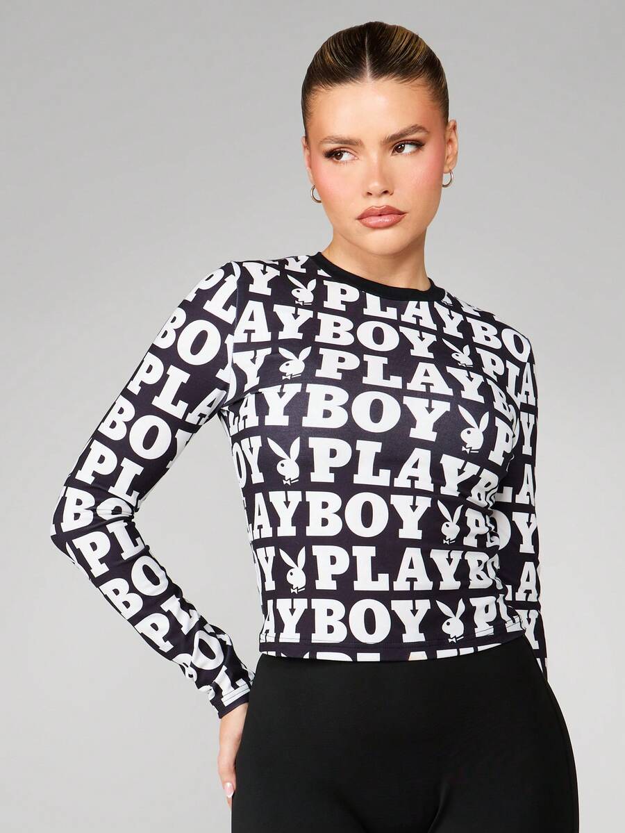 Missguided x Playboy 女士长袖圆领套头衫,通体印花Logo,修身休闲家居服,秋冬款 - 黑與白 - 查看 1