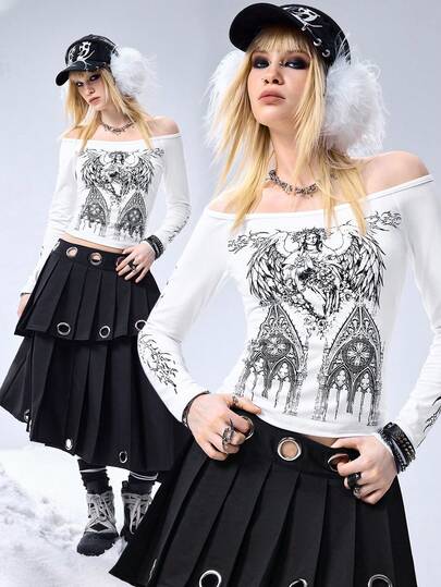 T-shirt moulant à manches longues avec imprimé de la Vierge Marie à l'épaule dégagée et col en V pour femmes, style gothique