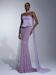 Elitara Elegant Luxurious Rhinestone Embellished Sexy Strapless Mermaid Dress With Detachable Strapless, Suitable For Weddings, Events, Parties, Vacations, Galas, And Formal Occasions - Purple - View 7