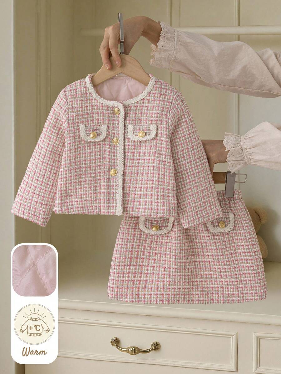 Souflis Souflis 两件套：优雅复古法式圣诞夹克和裙子套装，适合女婴，适合派对、聚会等场合，2025 年秋冬 - 粉色 - 查看 1