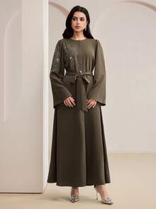 Al Najma Women's Elegant Rhinestone Decorated Waist Belt Abaya Dress - Purple - View 4