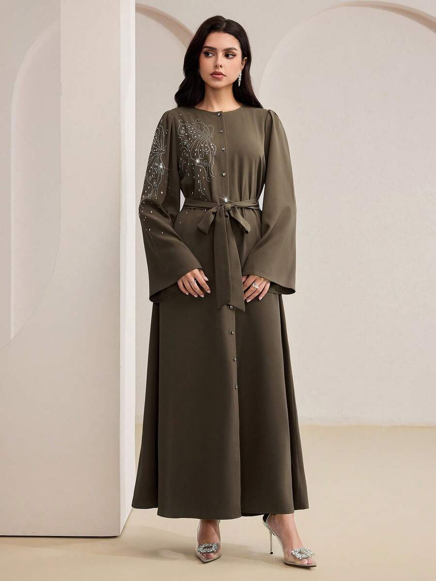 Al Najma Women's Elegant Rhinestone Decorated Waist Belt Abaya Dress - Purple - View 1