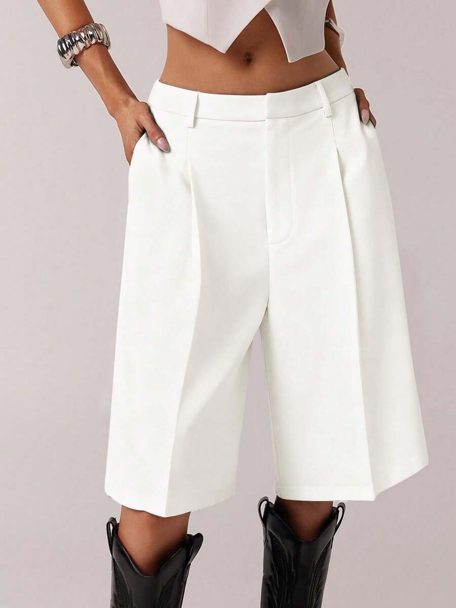 SHEIN Forever 21 女士极简通勤灰色百慕大短裤，春季款 - 白色 - 查看 1