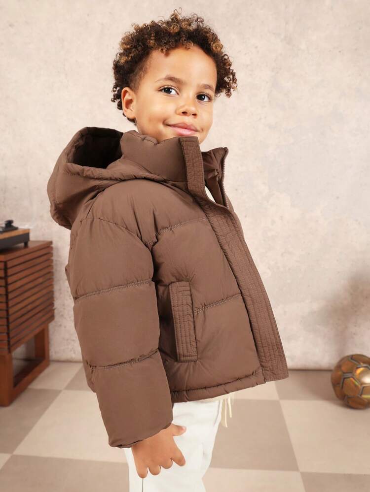 Quilted Hooded Puffer Coat With Zipper