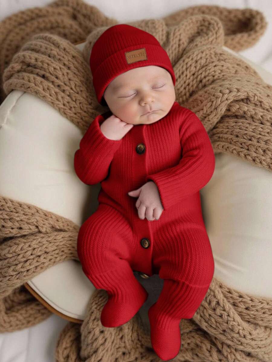 SHEIN Newborn Baby Girl Cute Knitted Jumpsuit, Footie & Hat Set, Versatile For Autumn/Winter