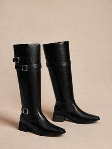 Rosivie 2025新款时尚百搭复古搭扣修身短靴，女士尖头踝靴，秋冬必备 - 黑色 - 查看 7