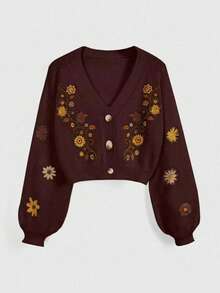 ROMWE Áo khoác cardigan thêu họa tiết Bohemian Hippie Cottagecore dành cho nữ - màu nâu - Xem 1