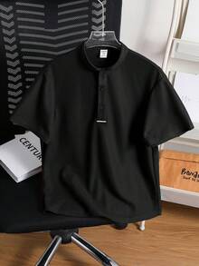 SHEIN 男童休闲百搭舒适立领半拉链宽松套头短袖纯色针织polo衫，适合通勤、上学、休闲、度假、运动、春夏穿着。 - 黑色 - 查看 7