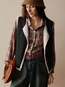 Franclia Women's Casual Loose Suede & PU Leather Patchwork Jacket With Vintage Metal Buckle, Warm Lining, Camel Brown, Suitable For Spring And Autumn - Black - View 4