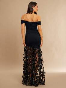 Silquee 女士性感露肩长袖紧身连衣裙，腰部褶皱设计，拼接下摆，纯色针织连衣裙 - 黑色 - 查看 2