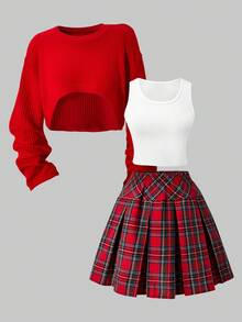 SHEIN ChillGRL Casuvi Kid 3-Piece Girls Christmas Outfit: Knitted Textured Waffle Crew Neck Sweater + Camisole + Pleated Plaid Skirt Set, Suitable For Casual Daily Wear, Festivals, Parties, Vacation In Spring/Autumn - Red - View 7