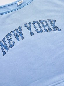 SHEIN ChillGRL 2 件套青少年女孩宽松休闲肩带印花长袖运动衫 + 浅蓝色牛仔裤，适合日常、通勤、休闲、聚会、春夏季 - 藍色 - 查看 6