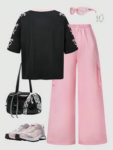 SHEIN ChillGRL 2 件套青少年女孩美式拼布短袖图案 T 恤和工装裤套装