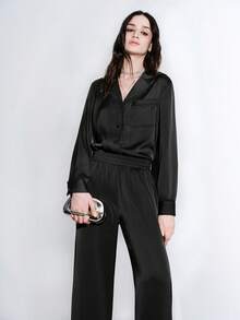 Lumivelle Women's Fashion Contrast Trim Lapel Long Sleeve Top + Casual Elastic Waist Contrast Trim Wide Leg Pants 2 Pieces Set Satin Shirt Black Blouses Lace Trim Pajama Style - Black - View 7