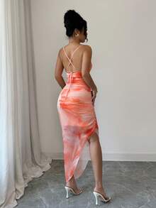 Allurite فستان سهرة فاخر للنساء، طباعة صبغ التعادل مع ياقة منسدلة، فستان بحمالات رفيعة ظهر مكشوف، مناسب للصيف