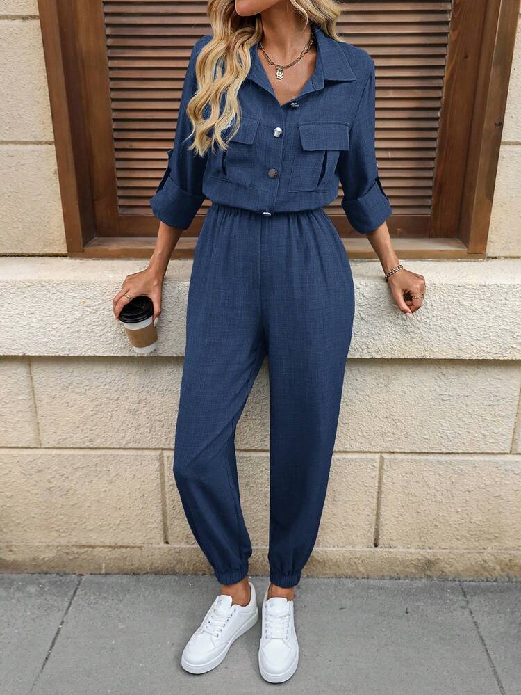 Plus Size Solid Color Drop Shoulder Casual Front Button Waist Jumpsuit Winter Outfit For Women Christmas Outfit For Women New Year Clothes Elegant Jumpsuit For Women Casual Jumpsuit Valentine's Day, Mother Clothing, Comfortable And Casual Long Sleeve Jumpsuits For Woman Beach Outfit Spring Break Outfits  Holiday Outfits For Women