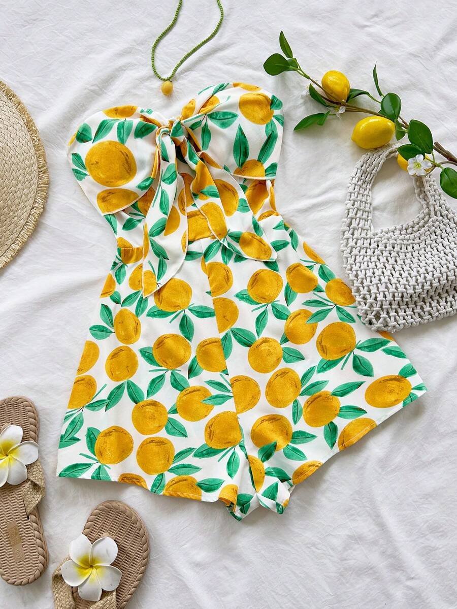 Soleia Fruit Pattern Vacation Outfits For Women Beach Outfits For Women Women's Vacation Spring/Summer Carnival Cruise Resort Blue Watercolor Silhouette Print Twist Front Backless Romper, Loose Fit, Suitable For Party, Date, Valentine's Day, Layering - Multicolor - View 1