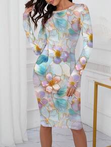 SHEIN Clasi 花卉印花玻璃质感图案女式连衣裙，适合秋冬季日常穿着 - 彩色 - 查看 6