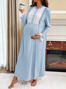 SHEIN Maternity Contrast Color Stand Collar Ruffle Lace Long Sleeve Loose Dress Nursing Dress Pregnant Dress Baby Blue Maternity Dress Maternity Dress Maternity Gown - Baby Blue - View 5