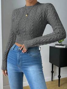 SHEIN Raffinéa Women's Autumn/Winter Cable Pattern Crew Neck Long Sleeve Cropped Fitted Sweater - Dark Grey - View 6