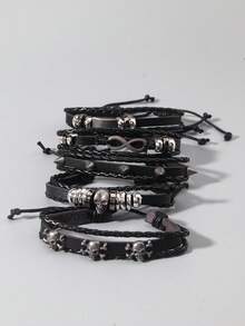 ROMWE Grunge Punk Bộ 5 chiếc vòng tay da PU đính hạt hình ngôi sao năm cánh phong cách Hippie cổ điển dành cho nữ, thích hợp đeo hàng ngày và lễ hội - màu đen - Xem 2