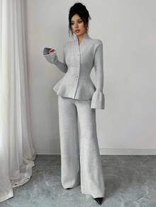 Elenzga Zestaw 2 szt.: Elegancki, swobodny kardigan w kolorze niebieskim, ze stójką, rozszerzanymi rękawami i ściągaczem w pasie oraz prostym swetrem dzianinowym, jesień/zima - Szary - Zobacz 4