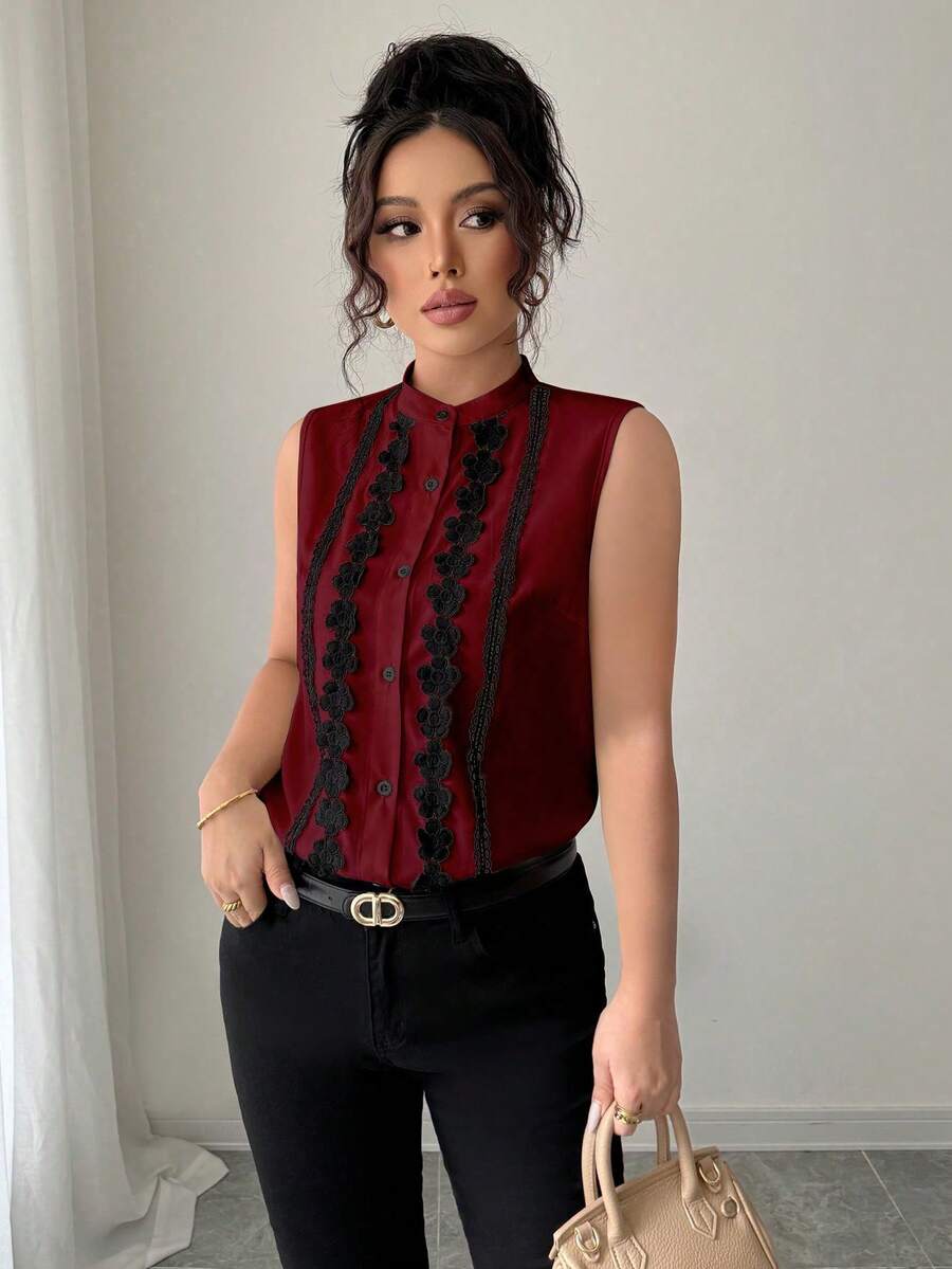 Elenzga Chemise noire ajustée pour femmes avec décoration en dentelle sans manches, taille standard - Rouge foncé - Voir 1