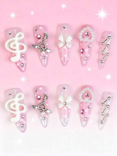 Anime 10pcs Y2K Cute Heart, Star, Bow, Wing Nail Art Stickers With Tape