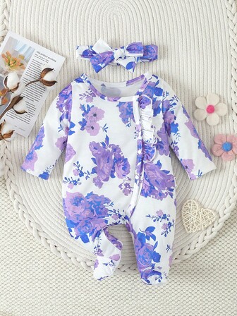 SHEIN Baby Girl Big Flower Print Sleep Jumpsuit Home Outfit With Headband