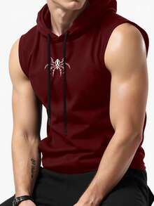 Gym Rark 男士蜘蛛印花抽绳连帽运动背心 - 酒紅色 - 查看 3