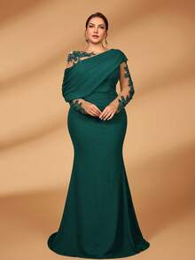 Serin Đầm dáng đuôi cá ôm sát, thanh lịch, lãng mạn, sang trọng, chất liệu vải dệt kim co giãn, phối lưới tương phản, vai bèo nhún bất đối xứng, thích hợp cho tiệc tối, hẹn hò, dạ hội, kỳ nghỉ, đám cưới, váy cho mẹ cô dâu, ngày Valentine. - Màu xanh lá cây đậm - Xem 6