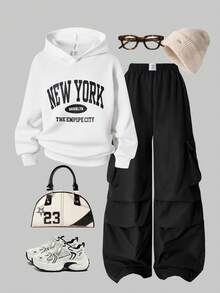 SHEIN ChillGRL 两件套：少女字母印花连帽卫衣+绿色工装裤，休闲街头风穿搭，秋冬款 - 黑色 - 查看 3
