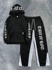 SHEIN Coolqubz Tween Boys Gothic Font Print Hoodie & Contrast English Graphic Sweatpants Set,Unisex - Black - View 1