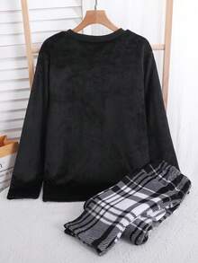 两件套青少年男童休闲格子印花长袖上衣和裤子家居服套装 - 黑色 - 查看 2